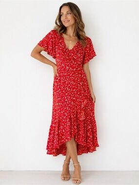 KARL LAGERFELD RED FLORAL DATE NIGHT FLOUNCE RUFFLE HEM MIDI DRESS XL 16 / 18